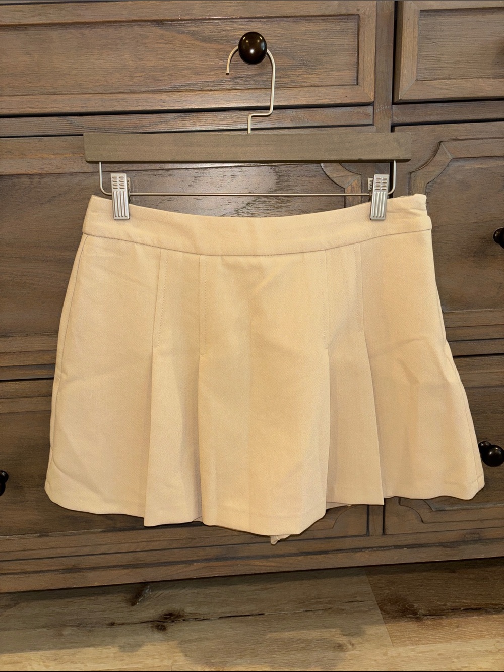 Zara Khaki Mini Skirt Skort Pleats Side Zip Built-In Shorts Size Medium